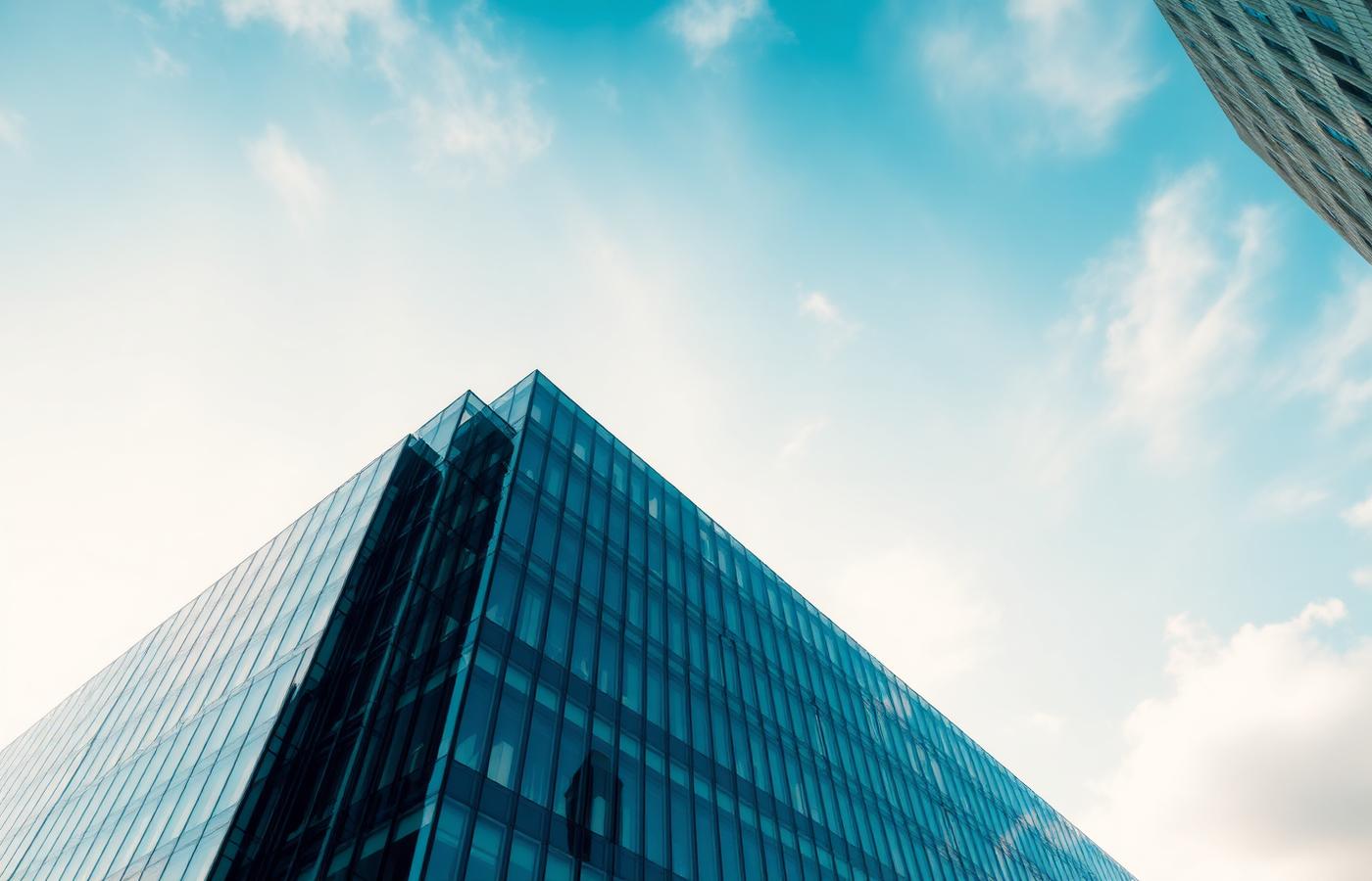 Modern glass architecture photographed from a low angle against a bright sky
