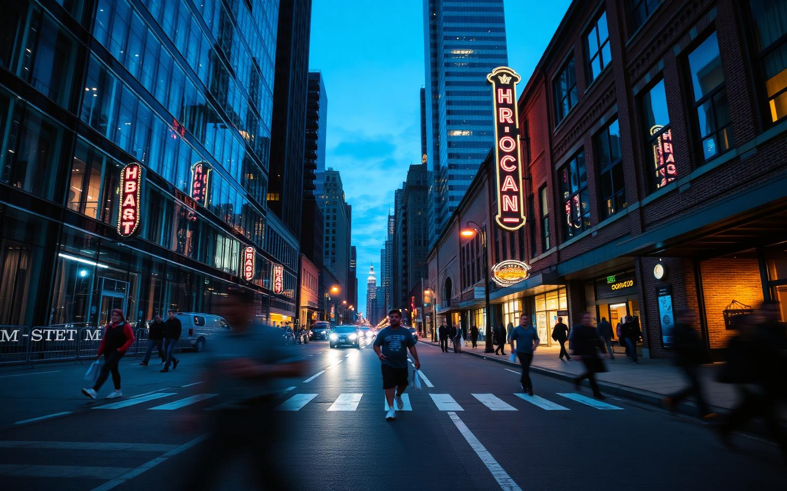 Downtown Columbus at dusk with people moving through the street