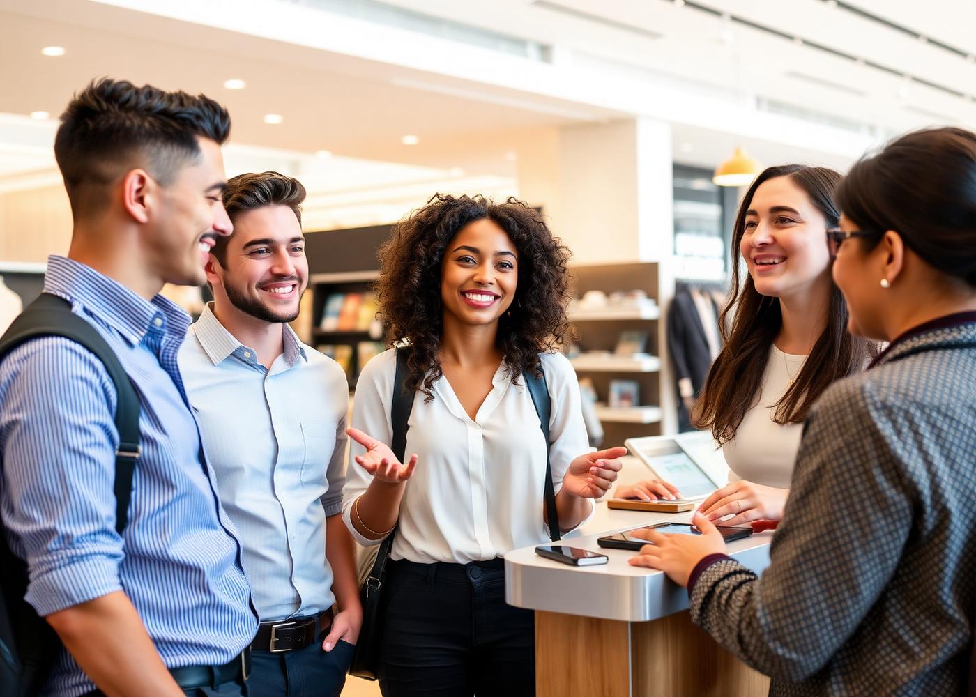 Brand representatives talking with customers at a kiosk inside a modern retail store